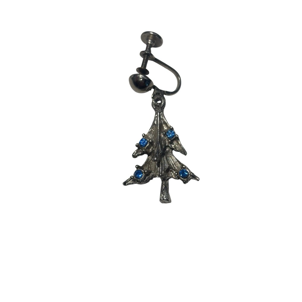 Vintage Silver Tone Blue Rhinestone Christmas Pine Tree Screw Back Earrings